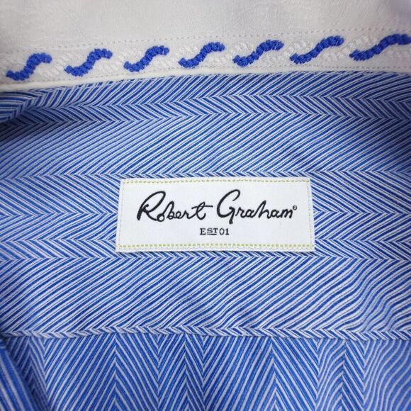 ROBERT GRAHAM Chevron Print Long Sleeve Button Down Dress Shirt Mens Medium Blue - Picture 2 of 12